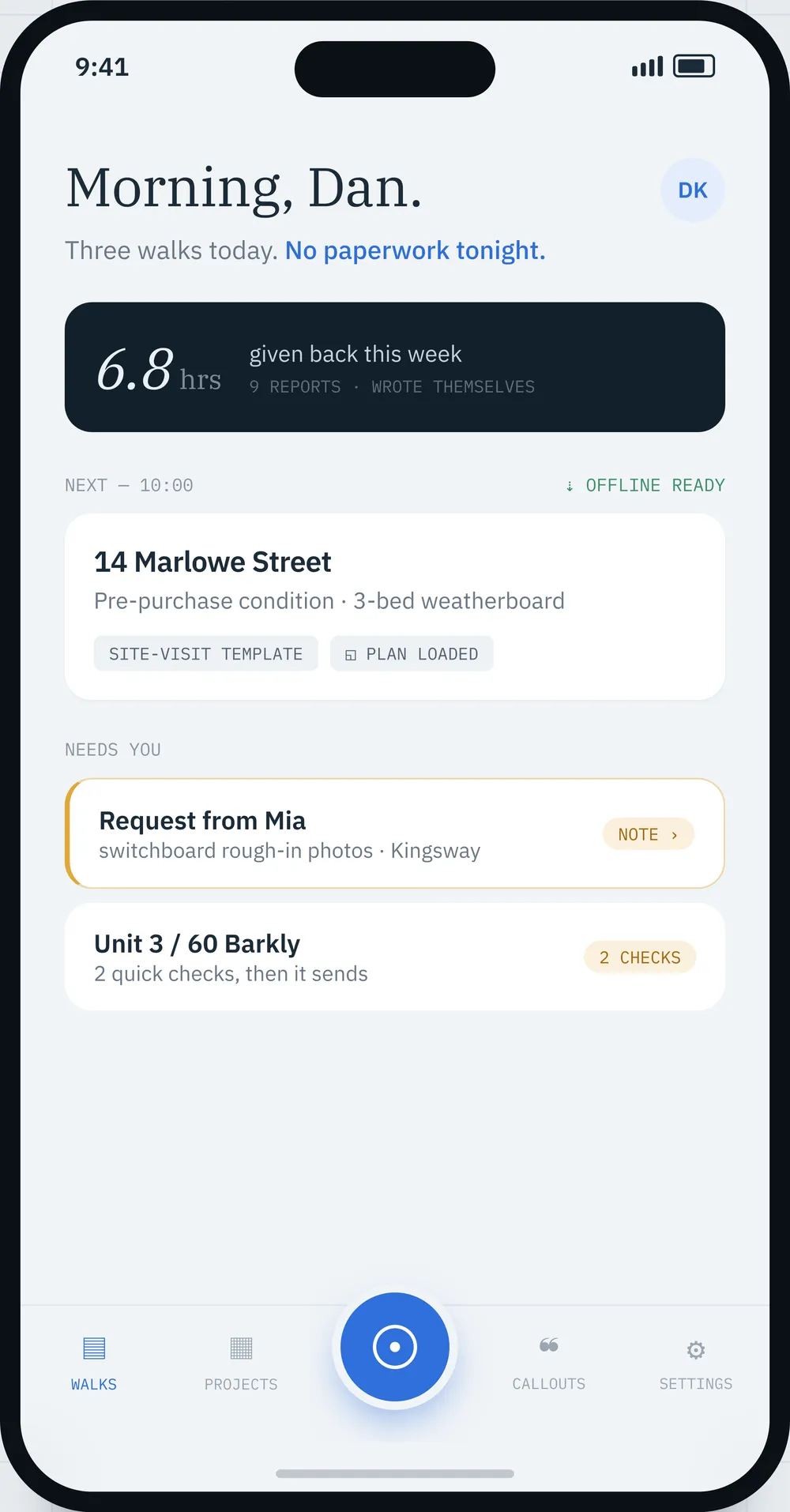 Waypoint home screen listing past walks with dates, durations and counts.