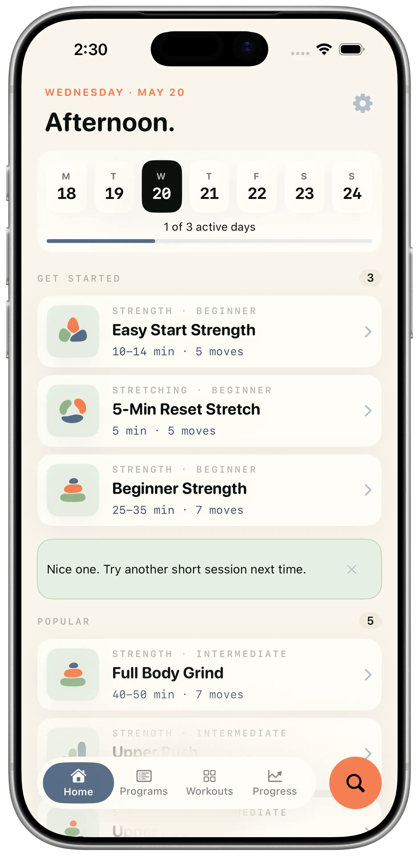 Reboot home screen with starter and popular workouts