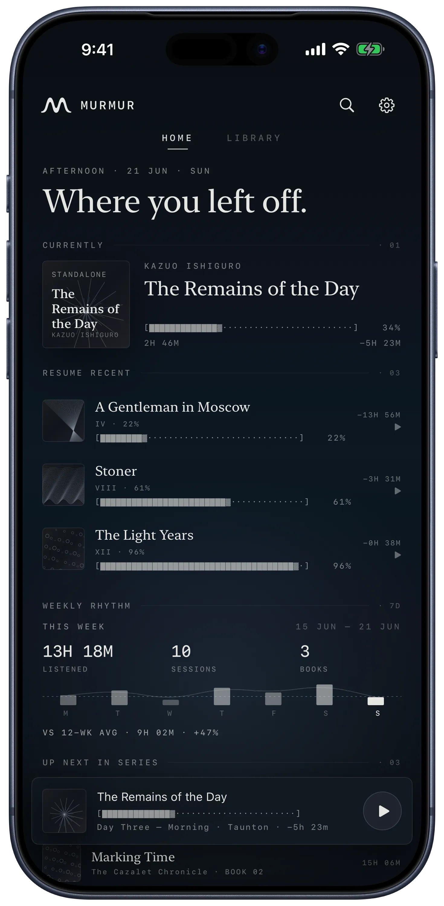 Murmur home screen showing where you left off and last night's rewind