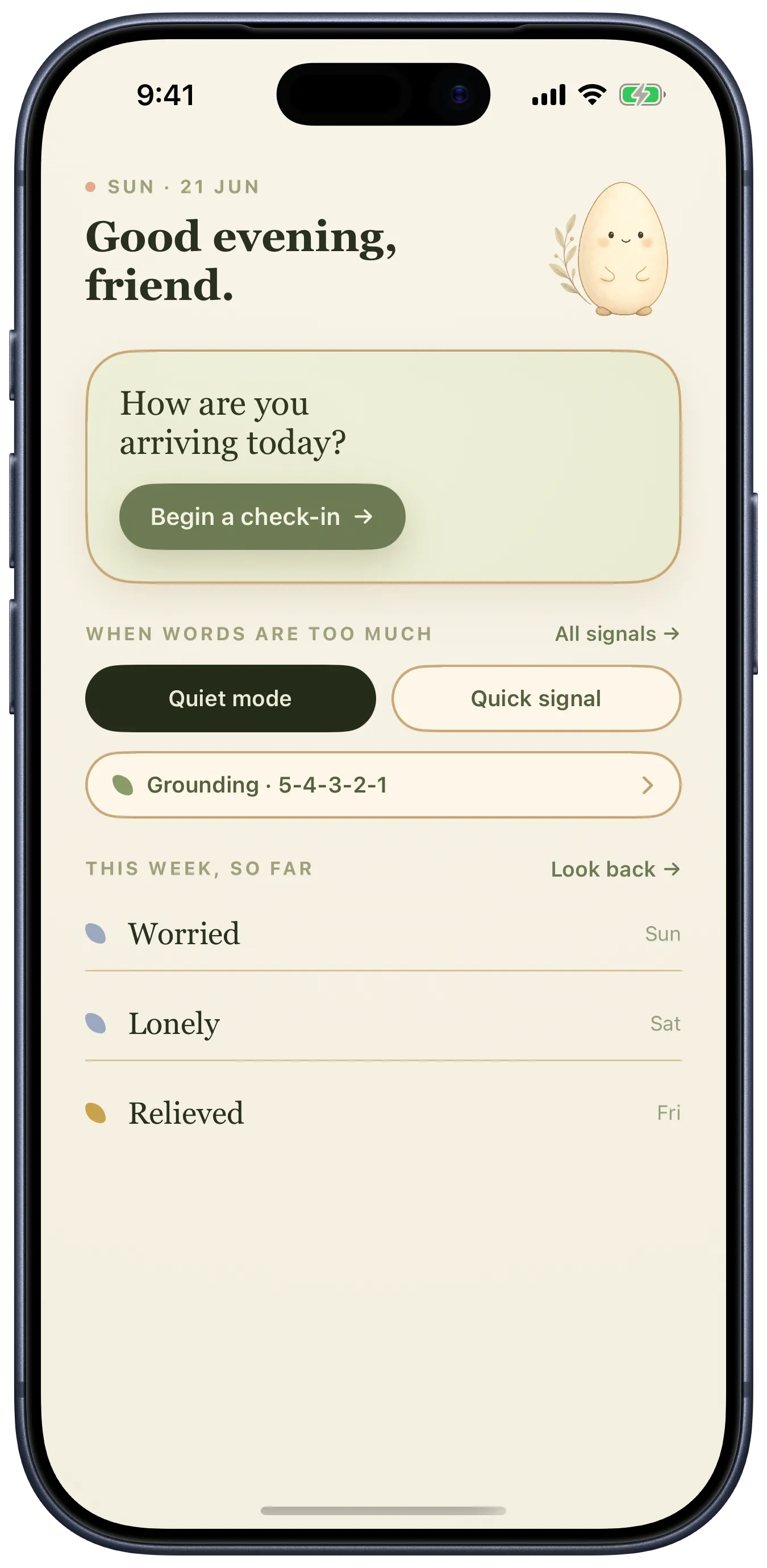 Egglet home screen: a gentle greeting, a check-in prompt, quiet mode and recent feelings