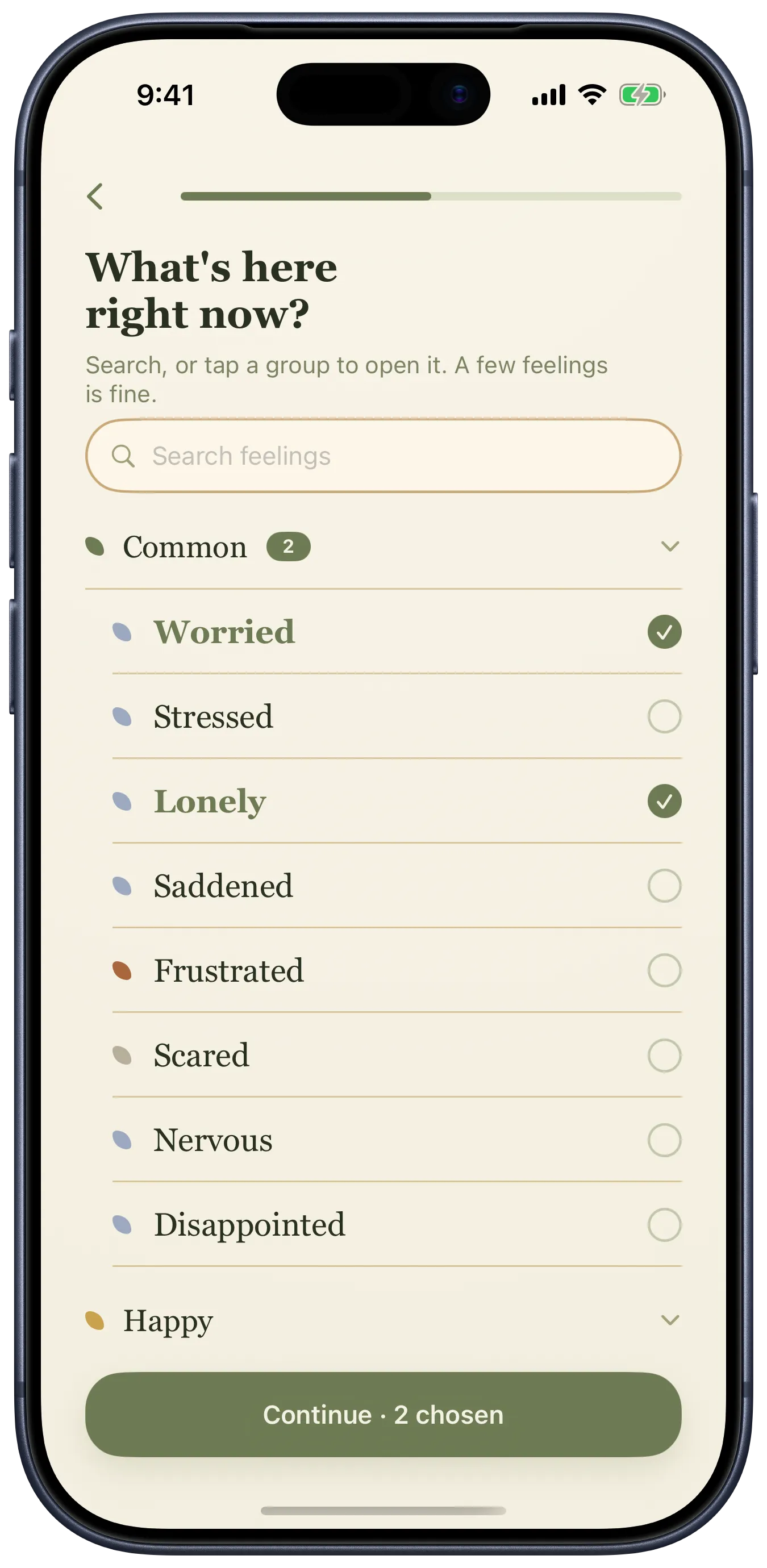 Egglet feeling picker with grouped, searchable feelings