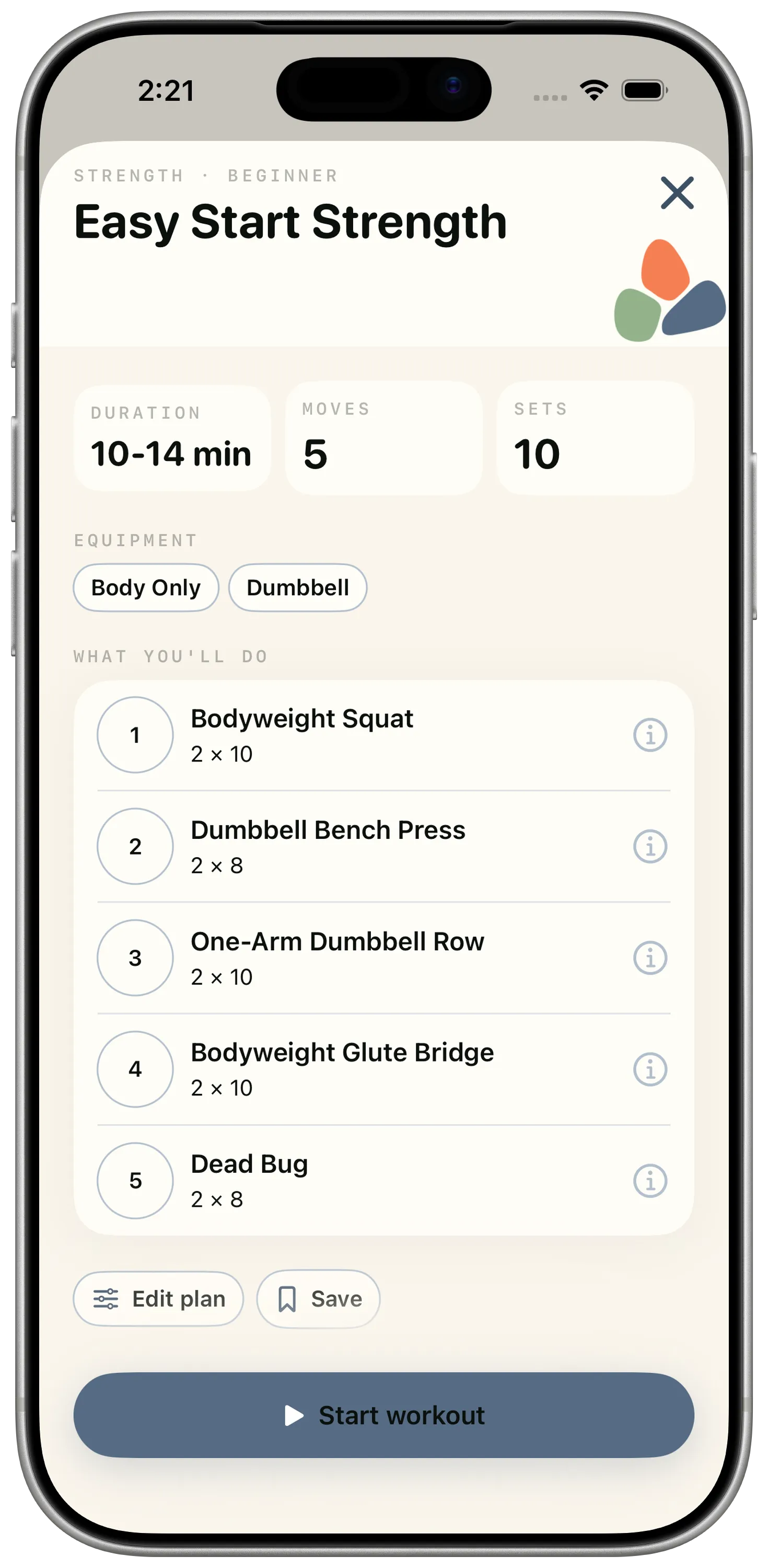 Reboot workout preview with moves, sets and form cues