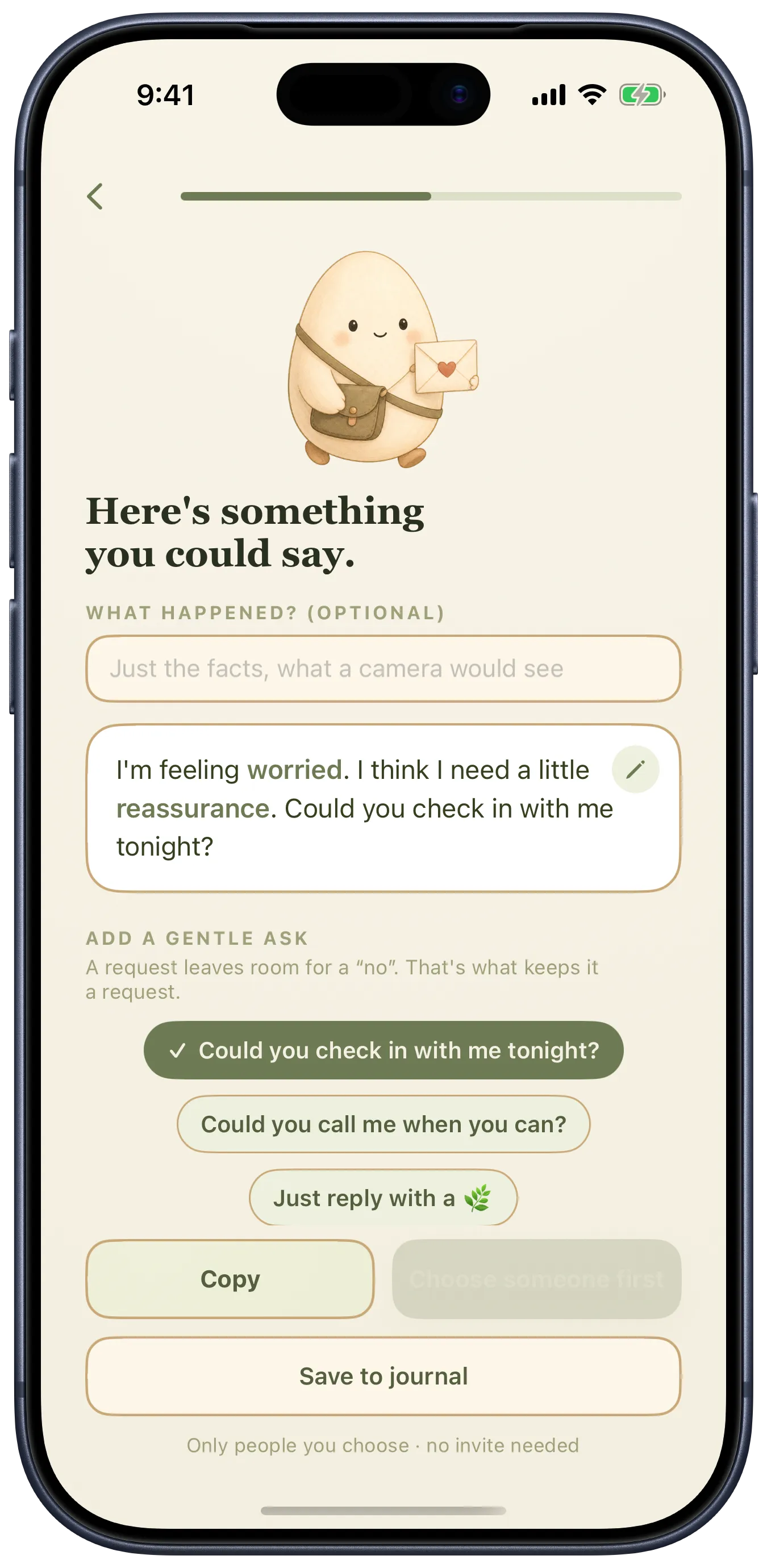 Egglet composing a soft, first-person message with a gentle ask