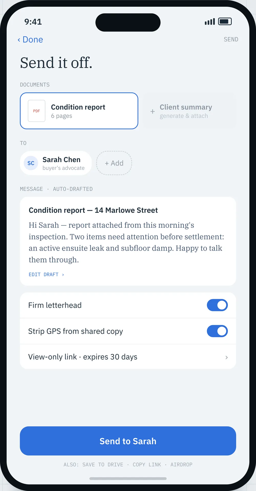 The review screen before sending, with figures flagged to confirm.