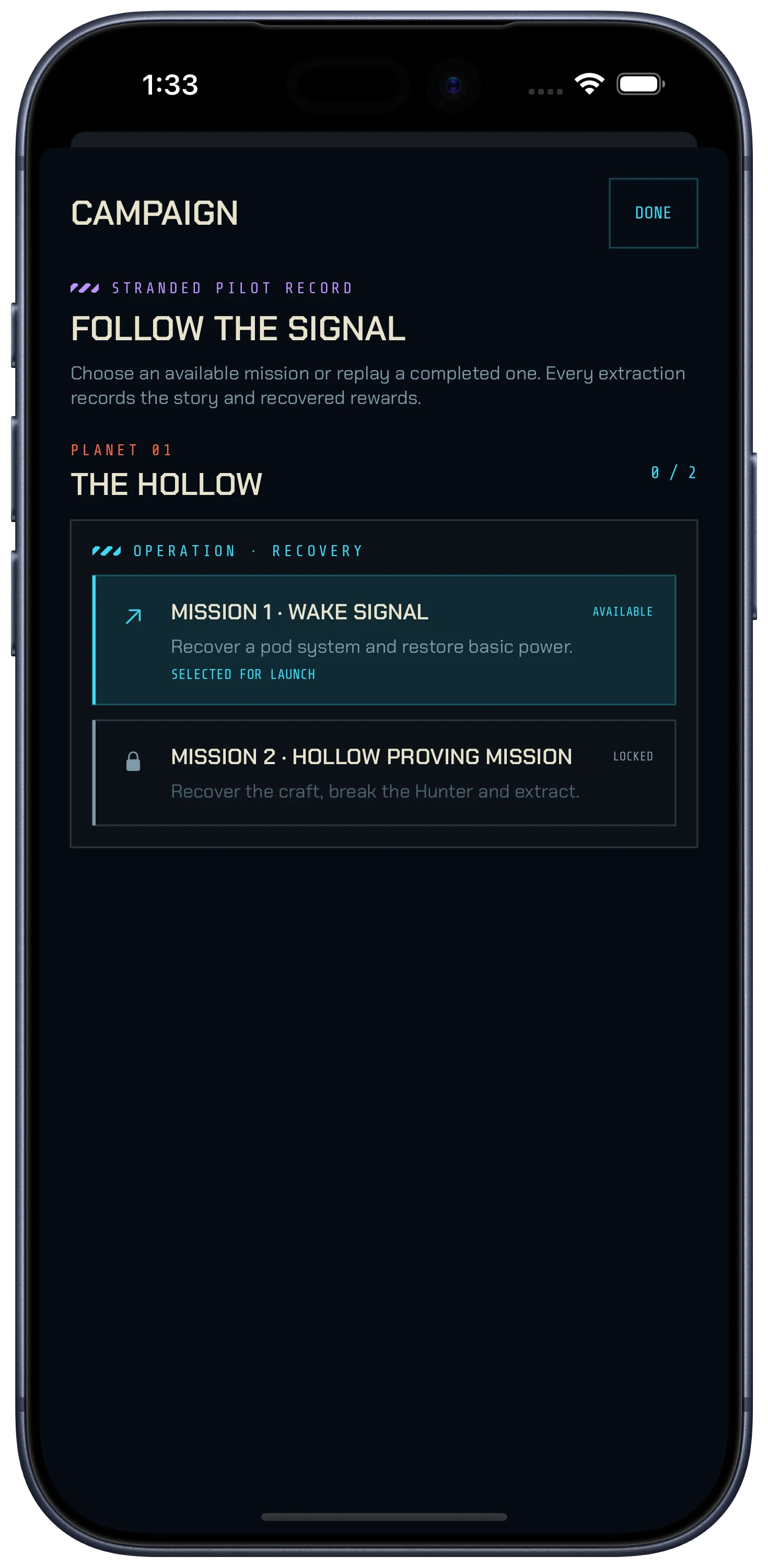 Wrecklight campaign sheet: planet The Hollow, with Wake Signal available and Hollow Proving Mission locked