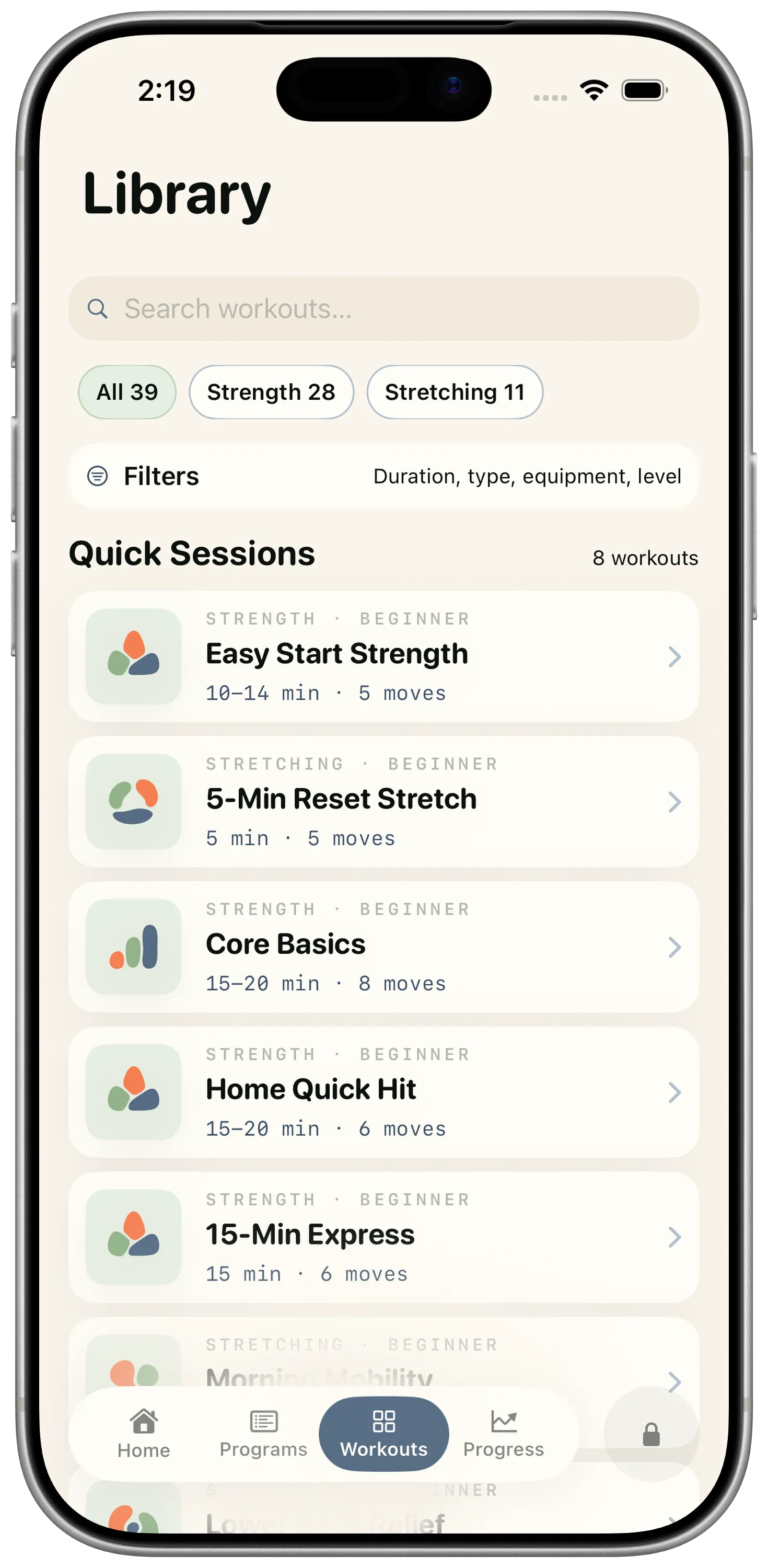 Reboot workout library across strength, mobility and rehab