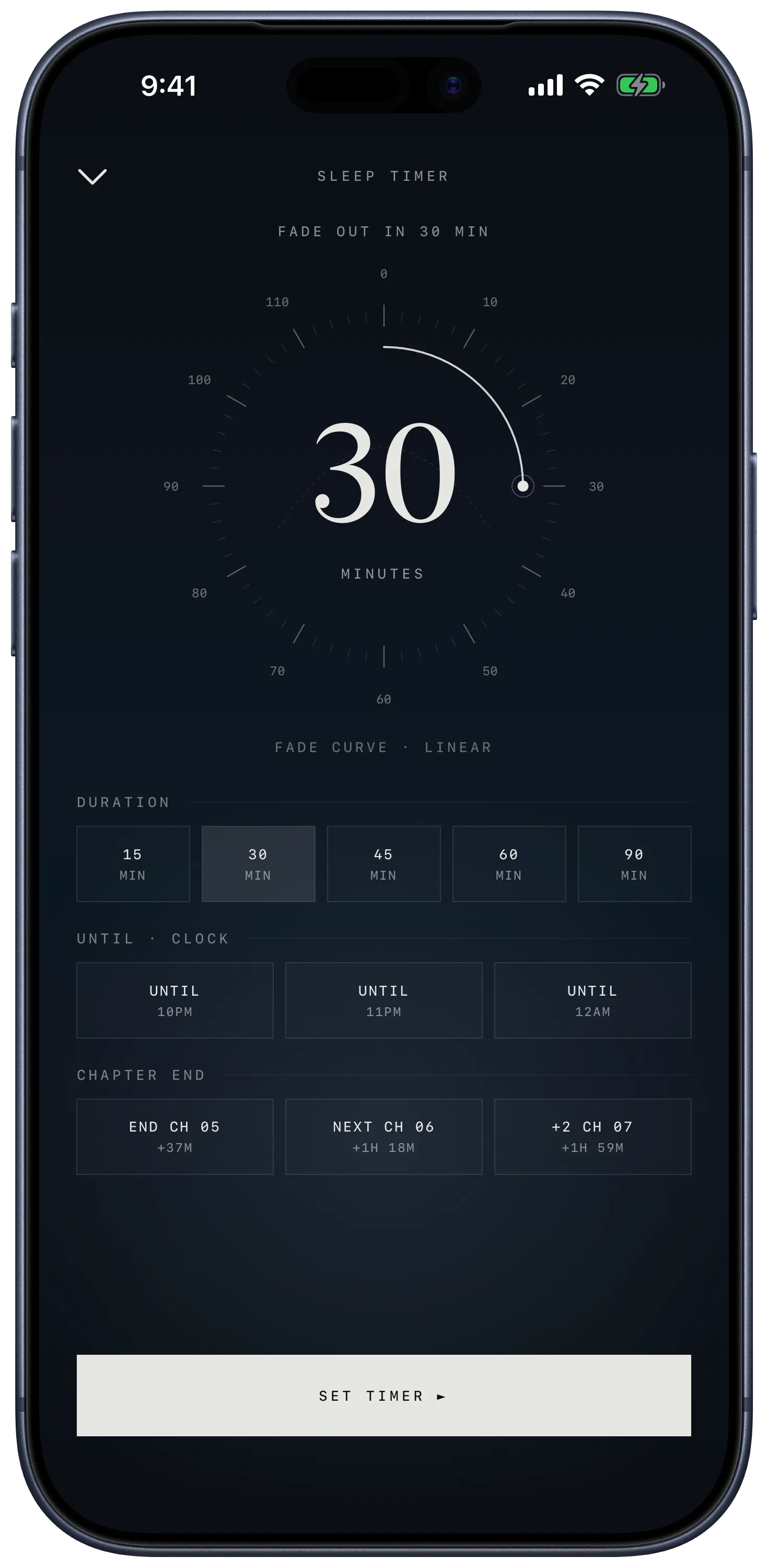 Murmur sleep timer showing duration, bedtime and chapter-aware stops