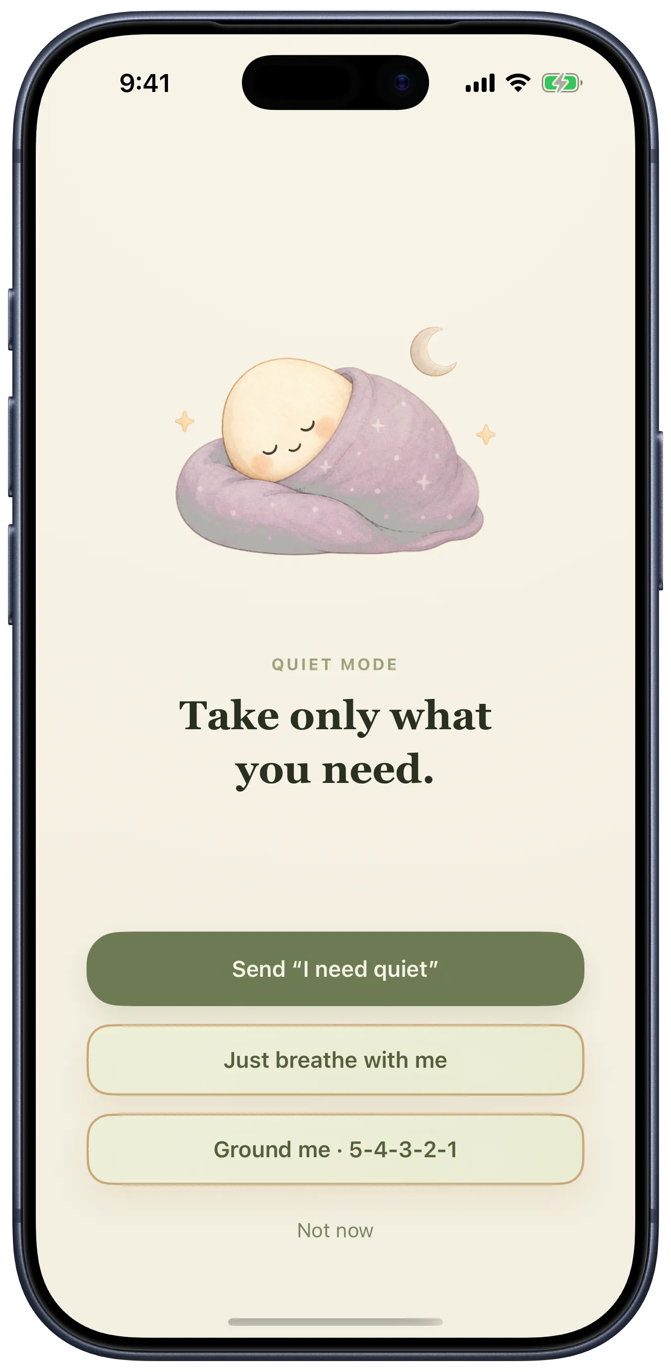 Egglet quiet mode: a breathing egg and one or two gentle choices